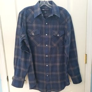 MWG Western  Blue Pearl Snap Shirt  Plaid Flannel Mens Medium